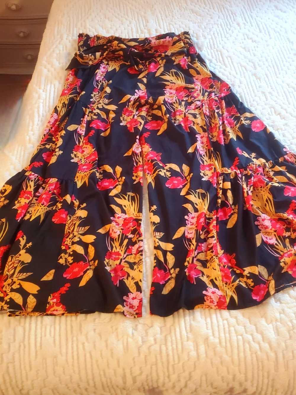 Vibrant Floral Tiered Wide Leg Pants- Black with Pink & Gold Floral. XL